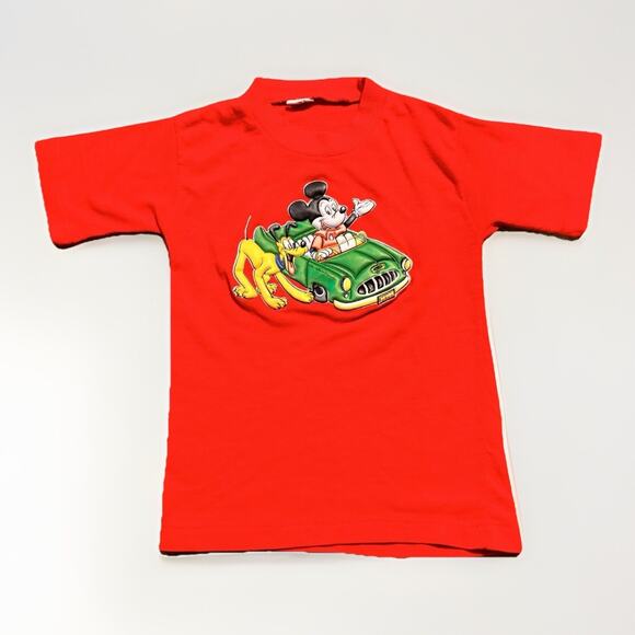 Vintage Disney Mickey & Pluto Red Car Tee Kids Size 8 - Picture 1 of 3